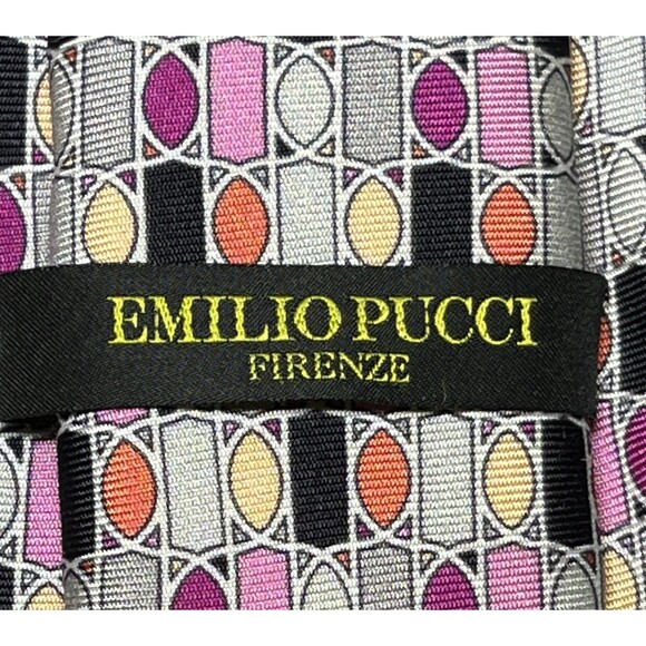 Emilio Pucci Firenze Silk Tie Geometric Abstract Gray Pink Coral